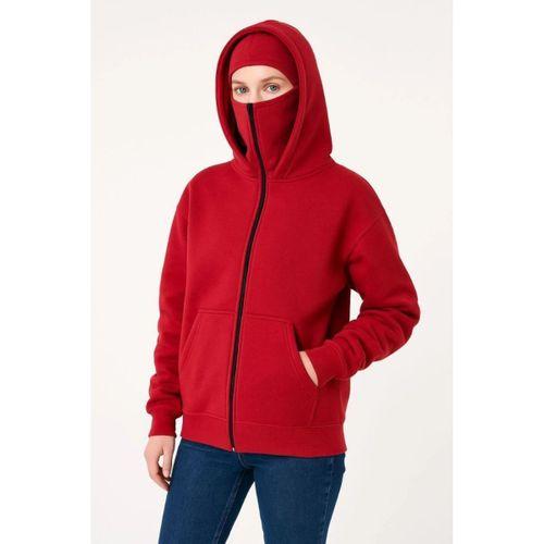Samuray Ninja Çift Kapşonlu ZIP Fermuarlı Kanguru Çepli Hoodie Maske Detaylı Swetshirt - Kırmızı