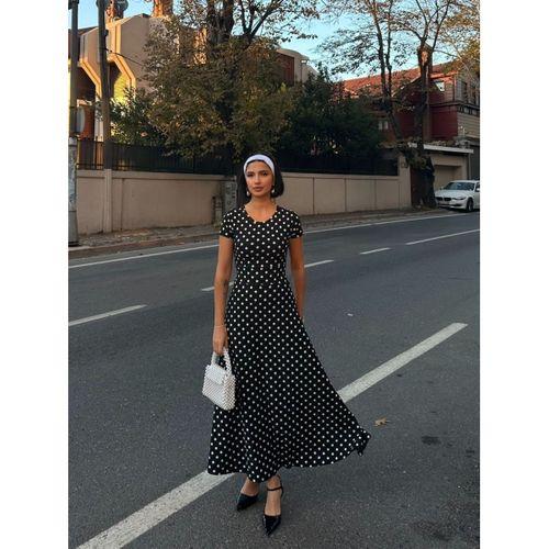 Kadın Kısa Kollu Bisiklet Yaka Puantiyeli Maksi örme Krep Elbise