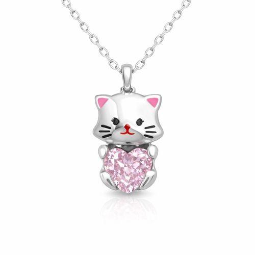 Gümüş Pembe Taşlı Sevimli Kedi Kadın Kolye