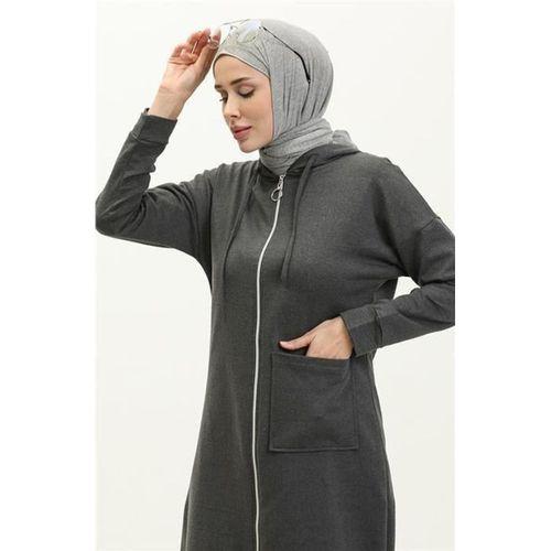Kapşonlu Fermuarlı Yırtmaçlı Uzun Sweat Pantolon Spor İkili Takım - 03055.017 - Antrasit
