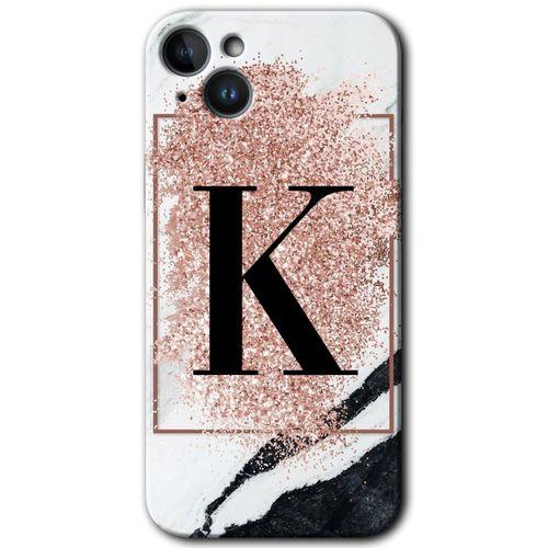 Potkal Hediye Fabrikası iPhone 14 Plus HD Baskılı Kılıf + 9D Tam Ekran Koruyucu - Pembe Mermer Desenli K Harfi