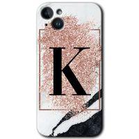 Potkal Hediye Fabrikası iPhone 14 Plus HD Baskılı Kılıf + 9D Tam Ekran Koruyucu - Pembe Mermer Desenli K Harfi