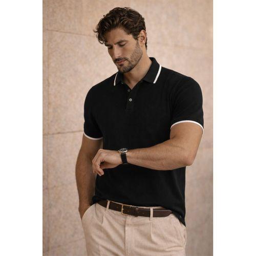 Balzac Yakası Şeritli Düğmeli Polo Yaka Basic Günlük Petek Örgü Triko Erkek T-Shirt - Siyah