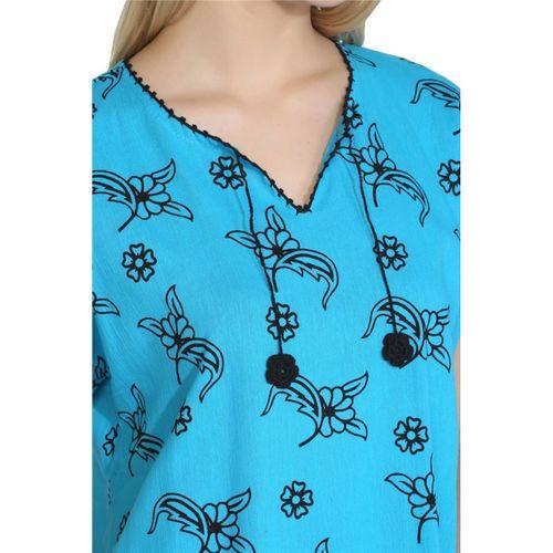 Kısa Kol Şile Bezi Baskılı Midi Boy Yazlık Elbise Serpme Desen Turkuaz Trkz