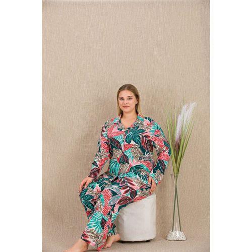Büyük Beden Renkli Yaprak Desenli Düğmeli Uzun Kol Viskon Pijama Takımı