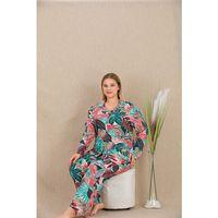 Büyük Beden Renkli Yaprak Desenli Düğmeli Uzun Kol Viskon Pijama Takımı