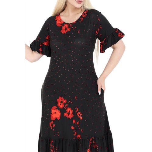 Melsay Butik Kolları ve Eteği Fırfırlı Kırmızı Puanlı Gelincik Desen Cepli Kadın Elbise