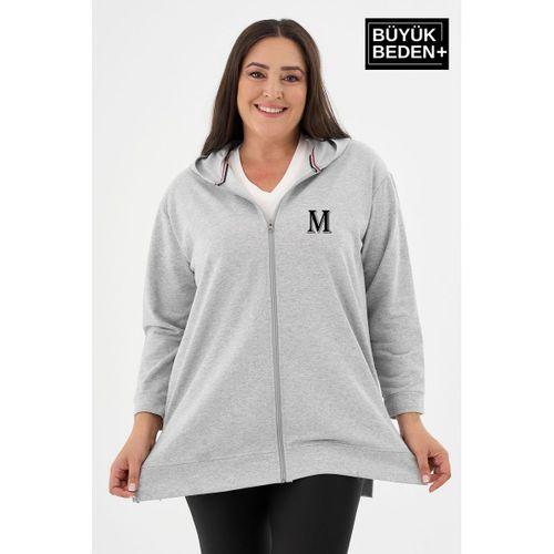 Kadın Tunik Büyük Beden M Baskılı Fermuarlı Kapşonlu Sweat Hırka SPR26BTK955-2
