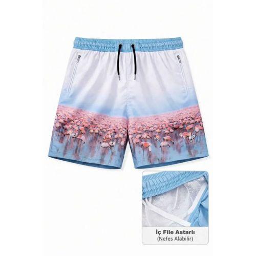 Erkek Deniz Şortu Fermuarlı Cepli File Astarlı Hızlı Kuruyan Premium - Beyaz