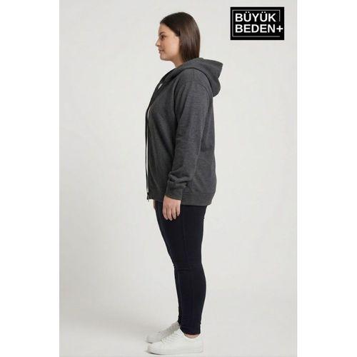 Kadın Büyük Beden Fermuarlı Kapüşonlu ince Sweatshirt Hırka - Rahat Kalıp SPR26BHR960