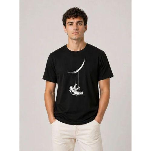 Erkek Astronot Ay Temalı Tişört Kısa Kol Yazlık Bisiklet Yaka T-Shirt - Siyah