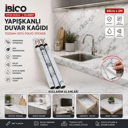 Beyaz Mermer Desenli Kendinden Yapışkanlı Folyo 2m x 60cm