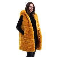 Kapşonlu Peluş Kürk Yelek Premium Kalite, Tam Astarlı, Uzun Model - Sarı