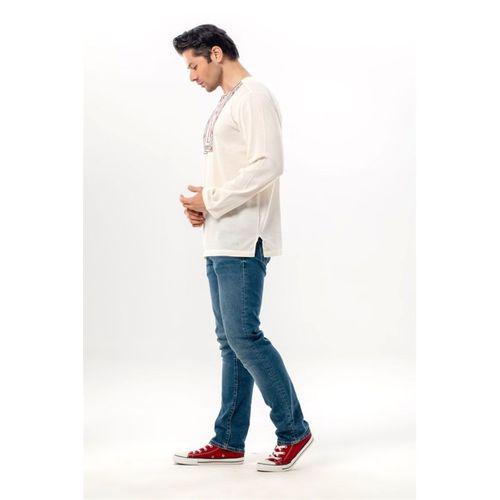 Uzun Kol Şile Bezi Bisiklet Yaka Bahriyeli Erkek Yazlık T-shirt Krem 3002