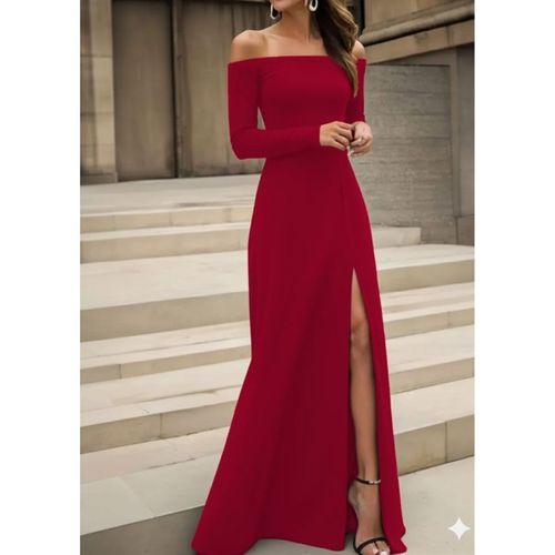 Kadın Uzun Kollu Madonna Yakalı Yırtmaç Detaylı Uzun Ithal Krep Elbise