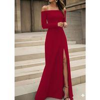 Kadın Uzun Kollu Madonna Yakalı Yırtmaç Detaylı Uzun Ithal Krep Elbise