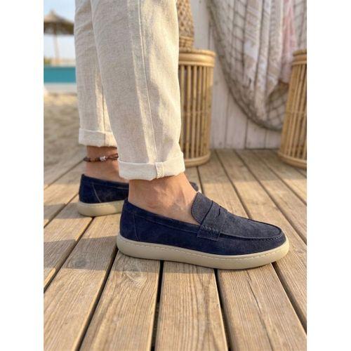 BA0251 %100 İçi Dışı Hakiki Deri Erkek Lacivert Süet Casual Loafer Kauçuk Rahat Taban Dikişli Ayakkabı