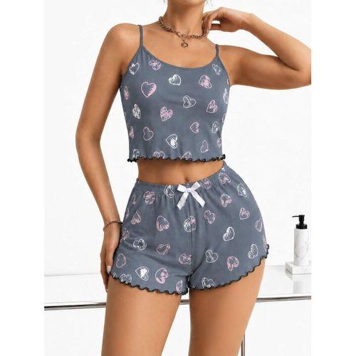 Kadın Gri Kalp Desenli Dantel Askılı Şortlu Pijama Takımı 5265