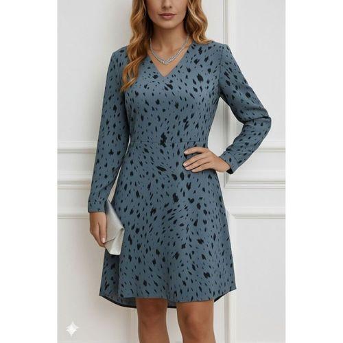 Kadın Uzun Kollu V Yakalı Desenli Kısa Keten Elbise