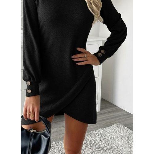 Kadın Uzun Kollu Bisiklet Yaka önden Asimetrik Kesim Detaylı Mini Yumoş Elbise