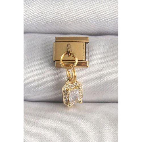 316L Çelik Gold Renk Sallantı Zirkon Taşlı Kare Model Nomination Charm