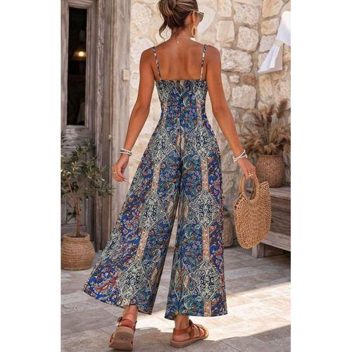 Kadın Ip Askılı V Yakalı Cep Detaylı Desenli Uzun Süprem Tulum