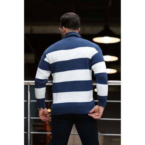 Oversize Çizgili Selanik Örgülü Yarım Fermuar Triko Erkek Kazak - İndigo