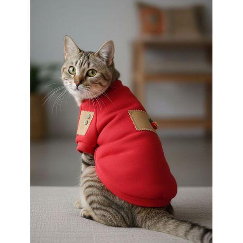 Sevimli Çilek Detaylı Kırmızı Kedi Polar Sweatshirt