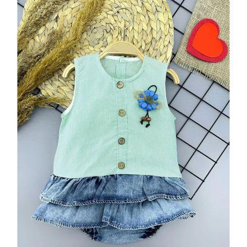 6-9-12-18 Ay Gül Rozet Detaylı Kot Kilotlu Etek Kız Bebek Elbisesi Yeşil