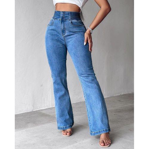 Kadın Yüksek Bel Yanları Lastik önü Düğmeli Kot Pantolon