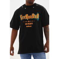 Unisex Kuşgözü Detaylı Baskılı Oversize T-Shirt - Siyah