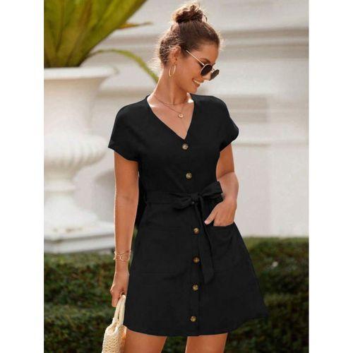 Kadın Kısa Kollu V Yakalı önden Düğmeli Belden Kuşaklı Cepli Sofya Elbise