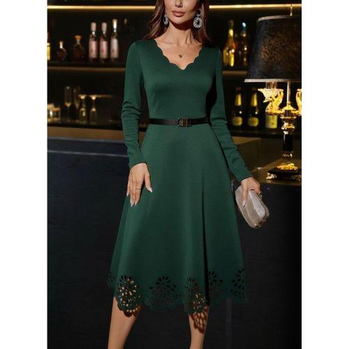 Kadın Uzun Kollu V Yakalı Lazer Kesim Detaylı Midi Ithal Krep Elbise