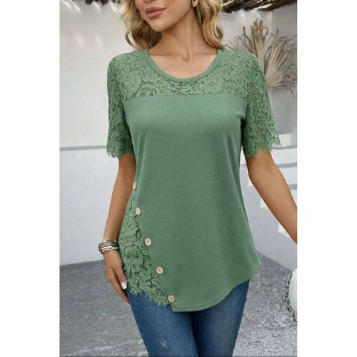 Kadın Kısa Kollu Dantel Detaylı Yandan Düğmeli Waffle Bluz