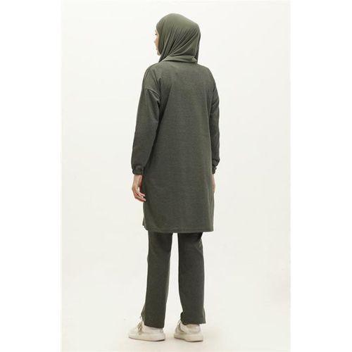 Yırtmaçlı Bisiklet Yaka Sade Basic Eşofman Spor İkili Takım - 03060.005 - Haki