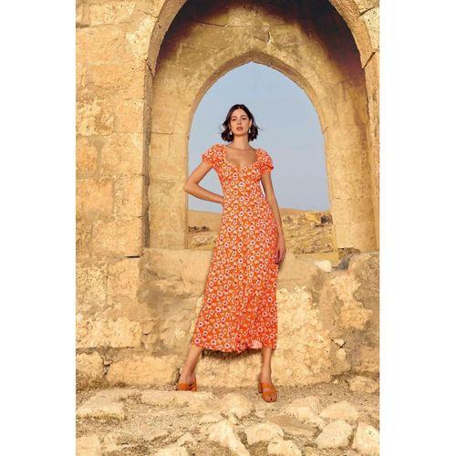 Viskon Çiçek Desenli Kısa Kollu Elbise