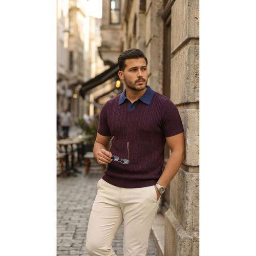 Erkek Desenli Kısa Kollu Triko Tişört - %100 Pamuk Akrilik