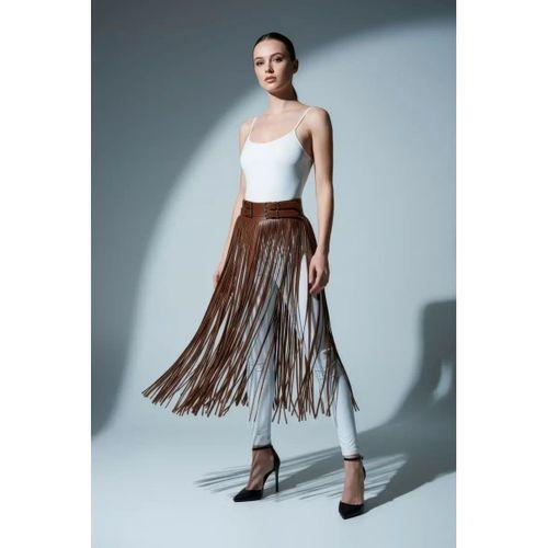 Kahverengi Etek Deri Görünümlü Püsküllü Yüksek Bel Etek - Brf1090