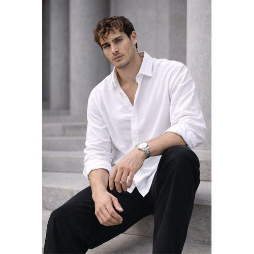 Scott – Soft Dokulu Yarım Oversize Modern Keten Görünümlü Erkek Gömlek - Beyaz