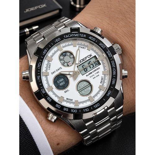 Joefox Digital Ve Analog Çelik Kordon Kronmetre+Takvim+Alarm+Aydınlatma Erkek Kol Saati JOE.X1