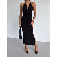 Kadın Boyun Aksesuarlı Halter Yaka Maxi Boy Sandy Kumaş Elbise