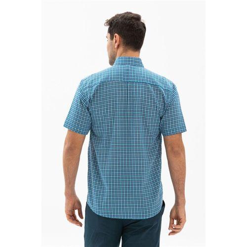 Büyük Beden Kısa Kol Şile Bezi Tek Cepli Erkek Yazlık Gömlek Petrol Ekose 3040