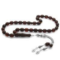 Nipora 925 Ayar Gümüş Püsküllü Arpa Kesim Koyu Kırmızı Damla Kehribar Tesbih