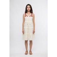 Kolsuz Mina Nakış Detaylı Bağcıklı Yaka Yazlık Vual Elbise Krem Krm