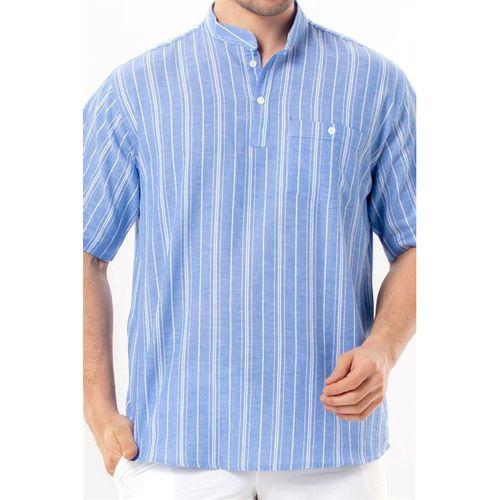 Kısa Kol Şile Bezi Tek Cepli Hakim Yaka Erkek Yazlık Tshirt Mavi Beyaz Çizgili 3019