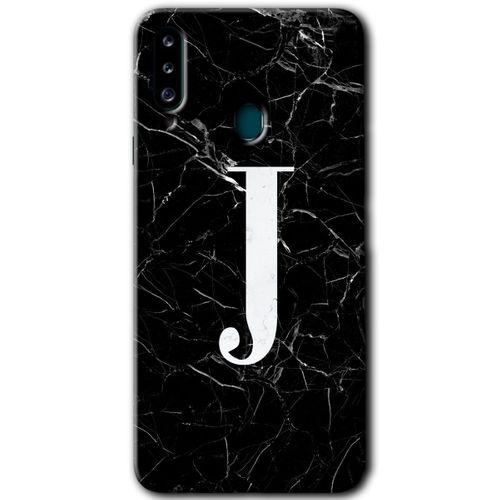 MRCİLETİSİM Samsung Galaxy A20s Kılıf HD Desen Baskılı Arka Kapak + Temperli Cam - Siyah Mermer Desenli J Harfi