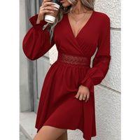 Kadın Uzun Kollu Kruvaze Yakalı Dantelli Fermuar Detaylı Mini Ithal Krep Elbise