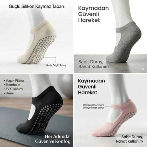 Kadın Kaymaz Yoga Pilates Çorabı 4'lü | Silikon Taban, Bilek Bantlı, Ev Spor Umre, 4 Renk