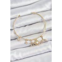 Pirinç Zirkon Taşlı İstiridye Ve Deniz Yıldızı Model Gold Renk Charm Bileklik