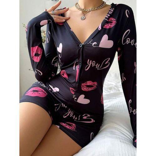 Pamuklu Kırmızı Kalp Desenli Düğmeli Uzun Kol Tulum Pijama